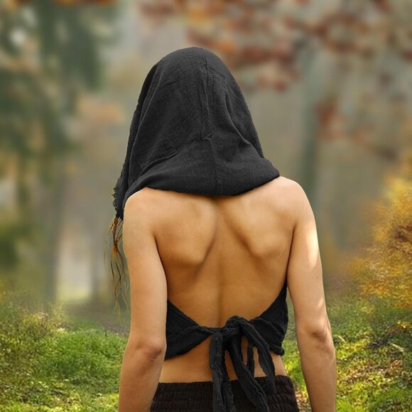 ⚡Women's Black Crop Tank Boho Open Back Cross Wrap Swim Cover Up Top - Picture 5 of 7